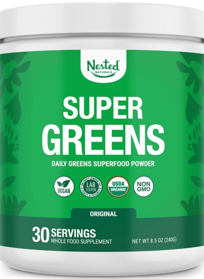 Nested Naturals Super Greens Daily Greens Superfood Powder - Certified USDA Organic Green Powder w/20+ Whole Foods, Spirulina Powder, Wheat & Barley Grass - Probiotics, Fiber & Enzymes - Original Flavour, 30 Servings - Image 1
