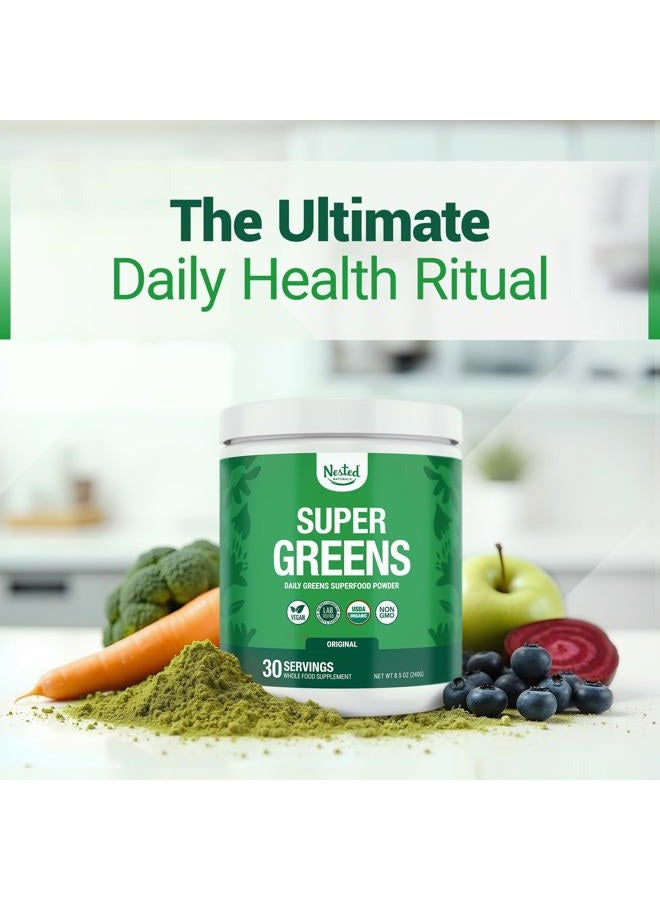 Nested Naturals Super Greens Daily Greens Superfood Powder - Certified USDA Organic Green Powder w/20+ Whole Foods, Spirulina Powder, Wheat & Barley Grass - Probiotics, Fiber & Enzymes - Original Flavour, 30 Servings - Image 5