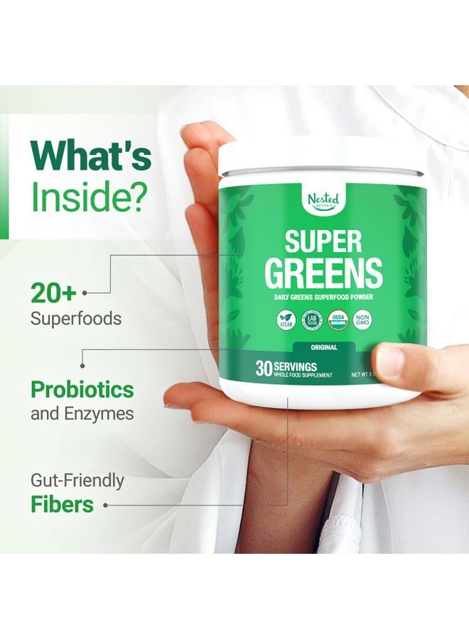 Nested Naturals Super Greens Daily Greens Superfood Powder - Certified USDA Organic Green Powder w/20+ Whole Foods, Spirulina Powder, Wheat & Barley Grass - Probiotics, Fiber & Enzymes - Original Flavour, 30 Servings - Image 3