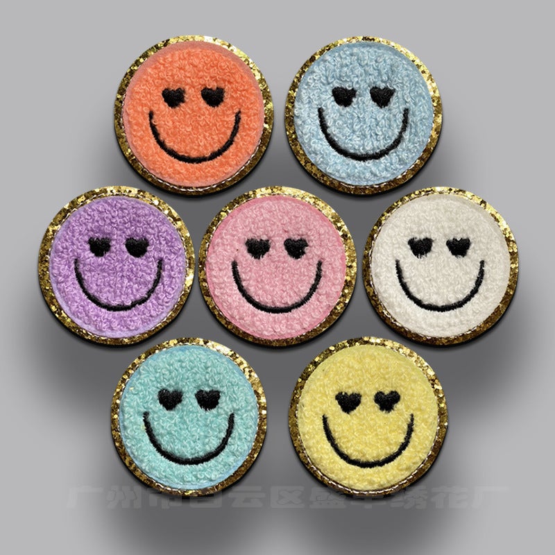 Towel Embroidery 5cm Smiley Embroidery Stamps Cloth Stickers Golden Onion Powder Gretel Self-adhesive Embroidery Stamps DIY Accessories Jewelry 7-color set of self-adhesive 