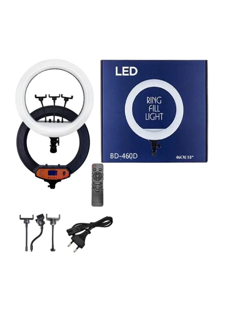 حلقة إضاءة ليد مع 3 أوضاع ألوان قابلة للتعتيم للتصوير لليوتيوب والتقاط الصور والفيديو والبث المباشر والمكياج ومدونات الفيديو (تشمل 3 حوامل + ريموت كنترول، حلقة 46 سم + حامل) - Image 1