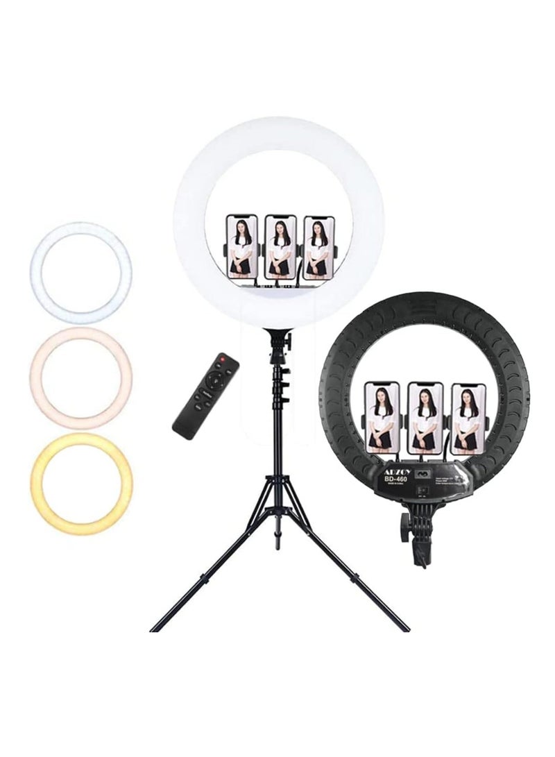 حلقة إضاءة ليد مع 3 أوضاع ألوان قابلة للتعتيم للتصوير لليوتيوب والتقاط الصور والفيديو والبث المباشر والمكياج ومدونات الفيديو (تشمل 3 حوامل + ريموت كنترول، حلقة 46 سم + حامل) - Image 2