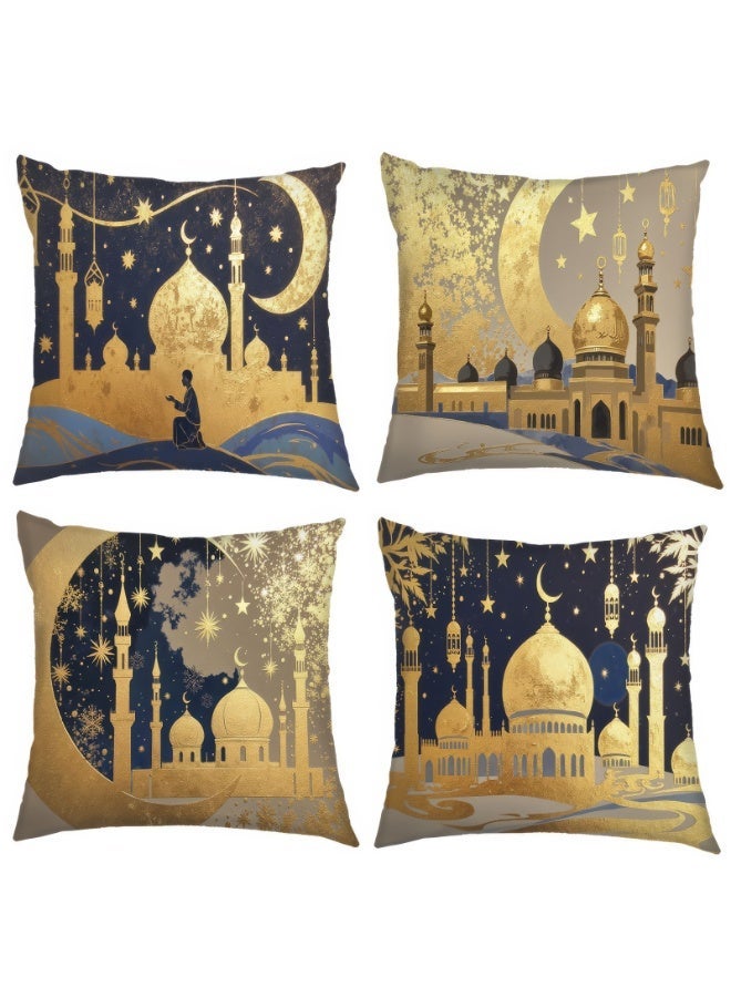 THROW PILLOW COVERS 4 PACK RAMADAN PILLOW COVERS 18 X 18 INCH BREATHABLE LINEN CUSHION PROTECTORS FOR RAMADAN LIVING ROOM SOFA COUCH DECORATION (PATTERN D, LINEN)