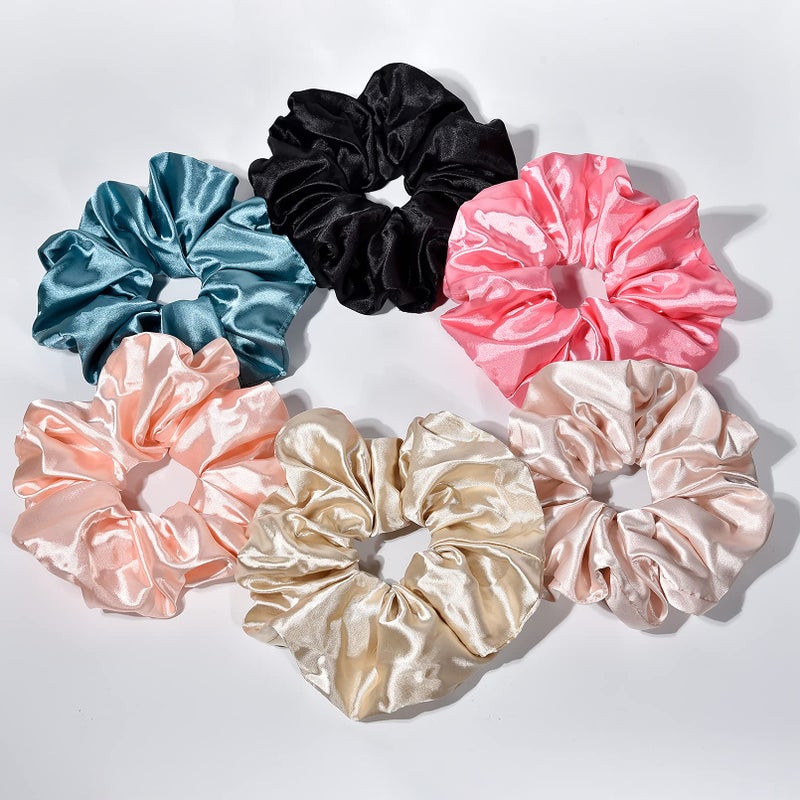 CEELGON Big Real Silk Scrunchies for Hair Satin Oversized for Sleep Large Scrunchie for Curly Hair Silk Thick Elastic Hair Ties Jumbo Hair Scrunchies 6 Pack black champagne pinkkhaki blue shell pink