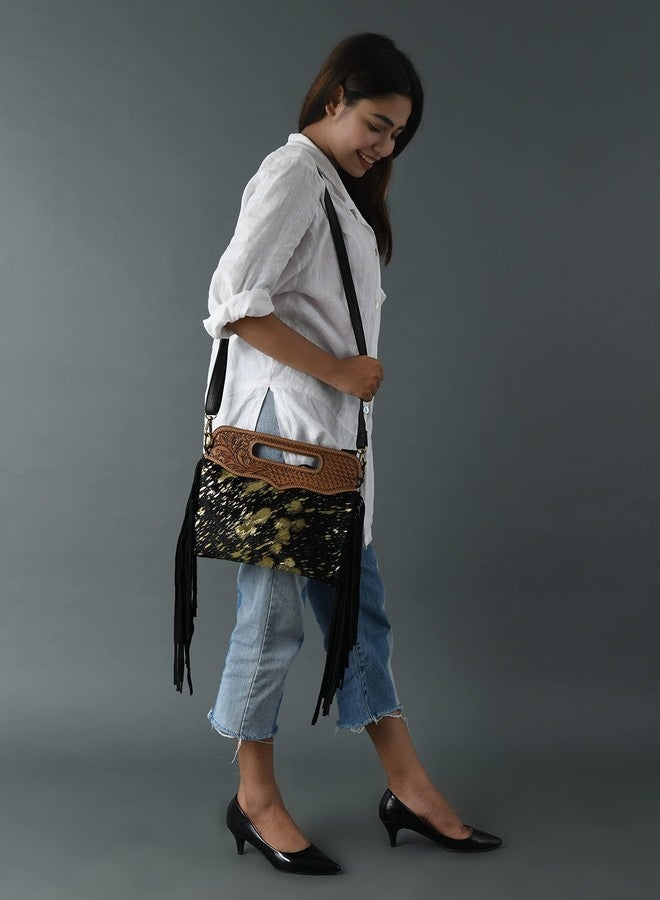 ADYAN Stylish Cowhide Leather Handbag with Intricate Western Design - Perfect for Every Occasion, Black and Golden - Image 2