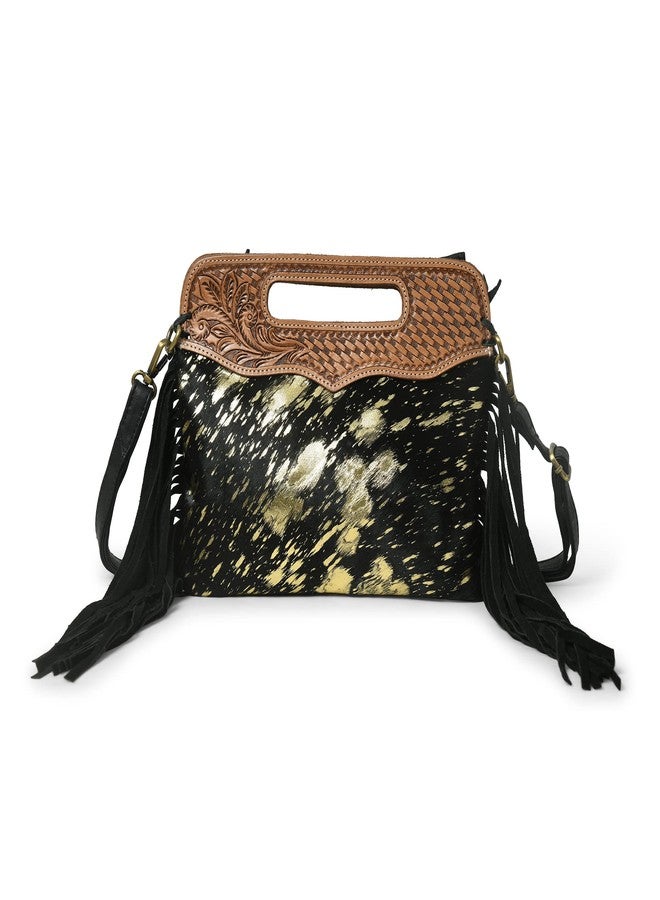 ADYAN Stylish Cowhide Leather Handbag with Intricate Western Design - Perfect for Every Occasion, Black and Golden - Image 1