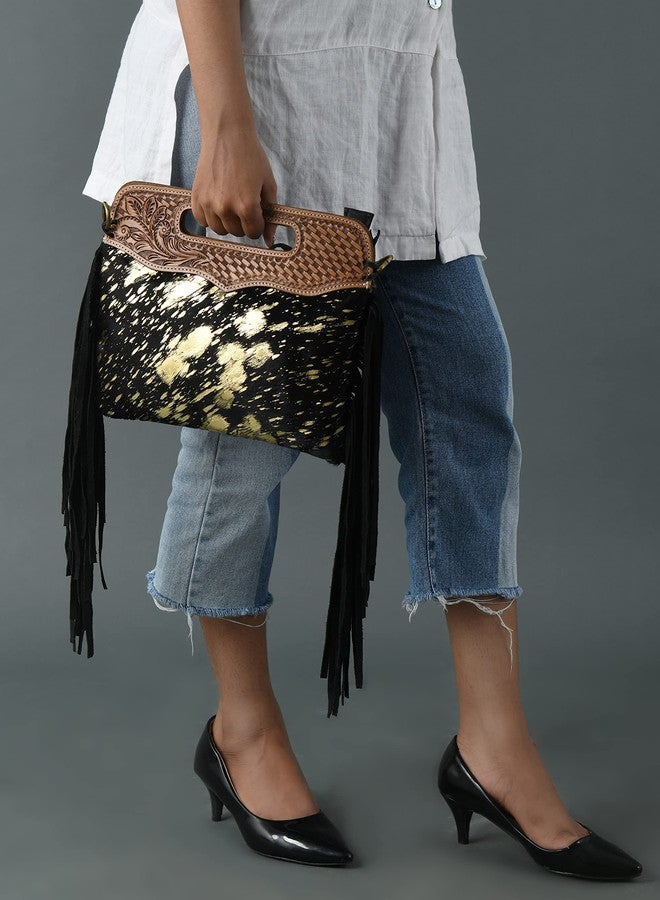 ADYAN Stylish Cowhide Leather Handbag with Intricate Western Design - Perfect for Every Occasion, Black and Golden - Image 3
