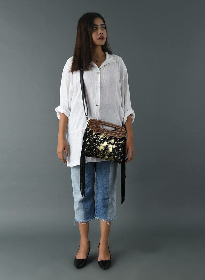 ADYAN Stylish Cowhide Leather Handbag with Intricate Western Design - Perfect for Every Occasion, Black and Golden - Image 4
