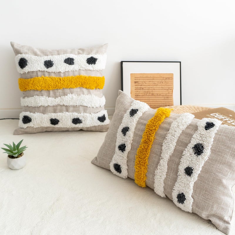 VANNCIO Boho Tufted Lumbar Throw Pillow Cover with Handwoven Stripes, Linen Cotton Simple Decorative Cushion Case for Couch Sofa, 1 PC (Beige Yellow, 12x20 inch) - Image 2