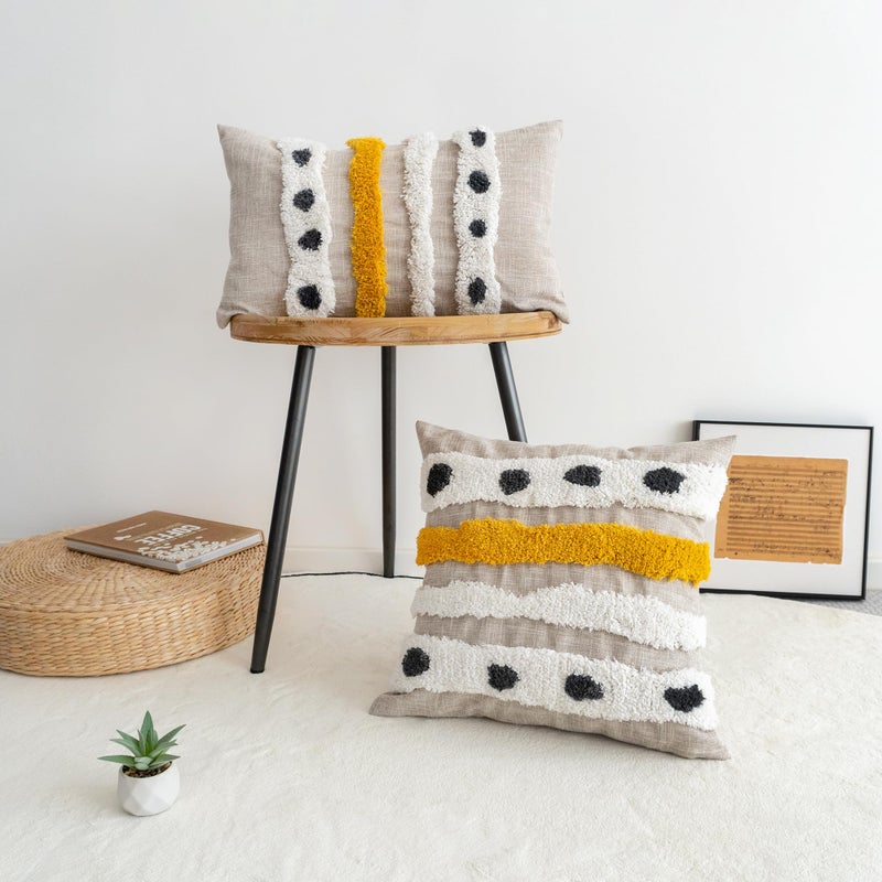 VANNCIO Boho Tufted Lumbar Throw Pillow Cover with Handwoven Stripes, Linen Cotton Simple Decorative Cushion Case for Couch Sofa, 1 PC (Beige Yellow, 12x20 inch) - Image 5