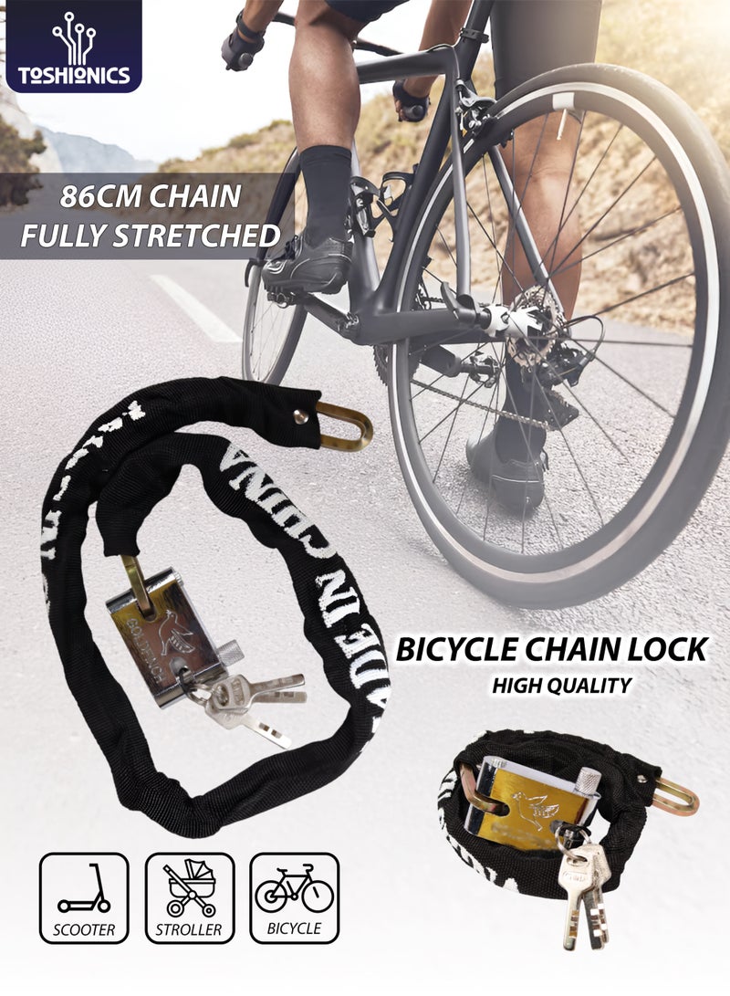 Toshionics قفل سلسلة دراجة ثقيل مع مفتاح T114637 | سلسلة فولاذية بطول 83 سم مع غلاف نايلون | قفل مضاد للسرقة للدراجة، الدراجة النارية، السكوتر، البوابة والأمان الخارجي باللون الأسود - Image 1