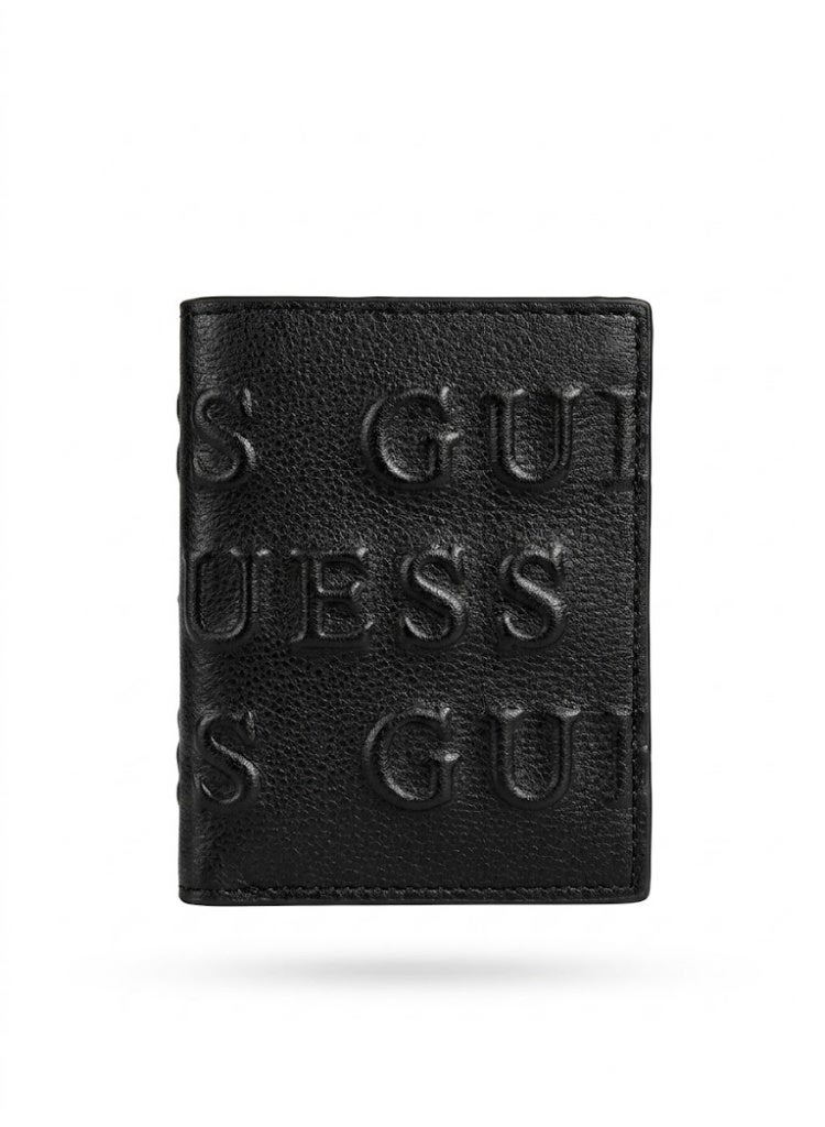 GUESS Men's Vertical Bifold Wallet - All-Over Embossed Typographic Logo - Black