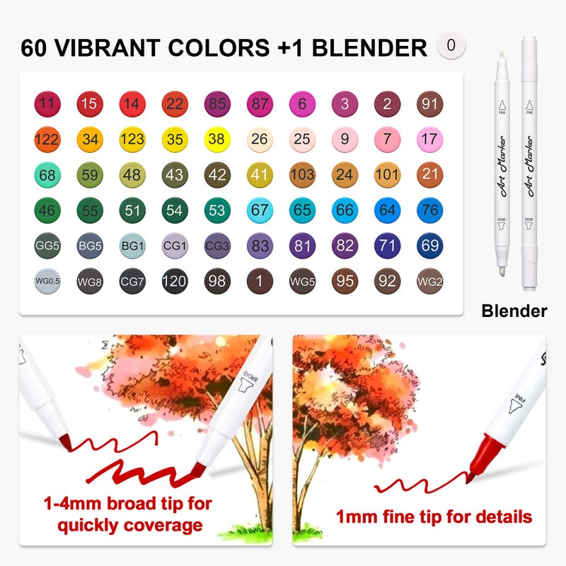 Lelix 61 Colors Alcohol Art Markers, 60 Colors Plus 1 Blender Dual Tip Permanent Marker Pens Highlighters Perfect for Kids Adults Artist Drawing Sketching Card Making & Coloring Books - Image 3