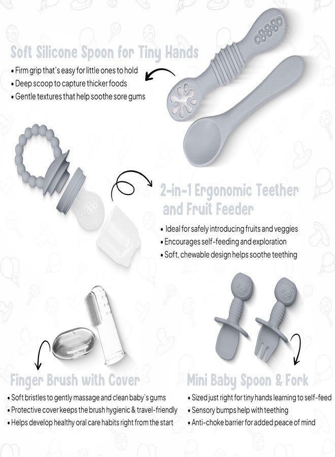 O'doe 11-Piece BPA-Free Silicone Baby Feeding Set | Thick & Soft Suction Plates, Baby Food Bowl, Wooden Fork & Spoon, and More | Make Mealtime Fun and Easy for Your Little One | Grey V1 - Image 4