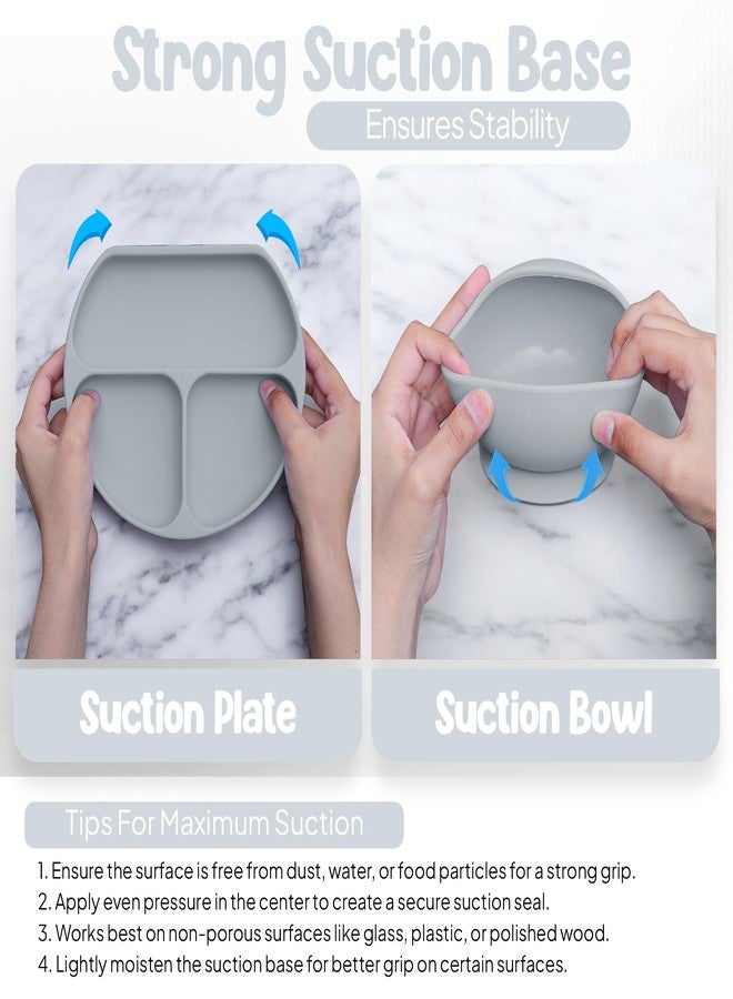 O'doe 11-Piece BPA-Free Silicone Baby Feeding Set | Thick & Soft Suction Plates, Baby Food Bowl, Wooden Fork & Spoon, and More | Make Mealtime Fun and Easy for Your Little One | Grey V1 - Image 3