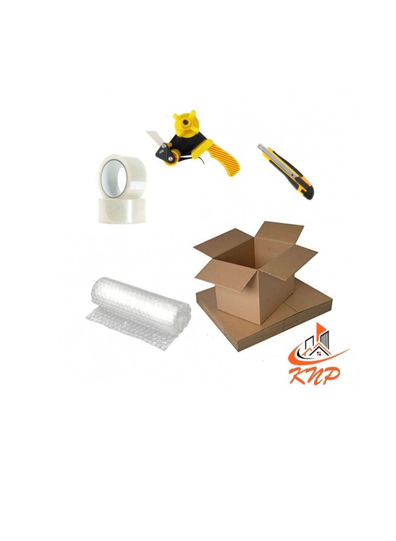 KNP Moving Lite Pack  Air Bubble Wrap Roll Dimension-150cm x 5m,  Clear Tape 2" (50mm), Packing Tape Dispenser,  Utility Cutter Knife (18mm), Cardboard Carton Box (45cm x 45cm x 70cm) Quantity-5 Pack - Image 1
