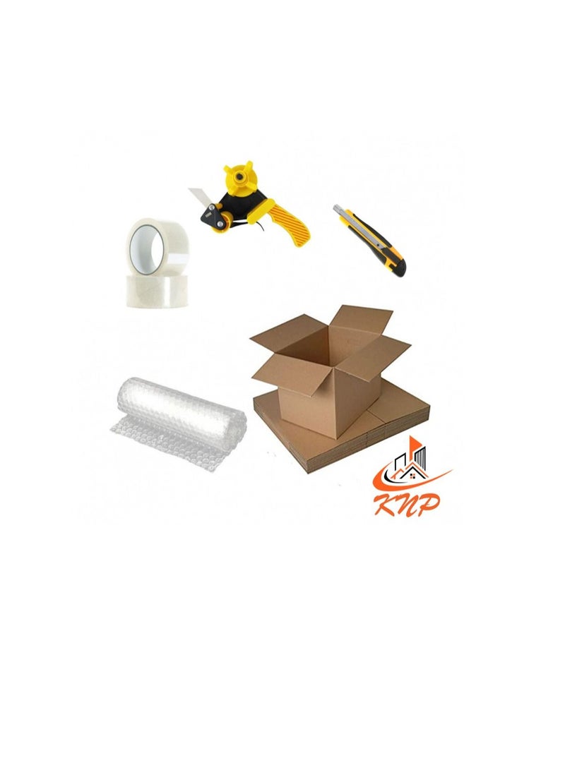 KNP Moving Lite Pack  Air Bubble Wrap Roll Dimension-150cm x 5m,  Clear Tape 2" (50mm), Packing Tape Dispenser,  Utility Cutter Knife (18mm), Cardboard Carton Box (45cm x 45cm x 70cm) Quantity-5 Pack - Image 2