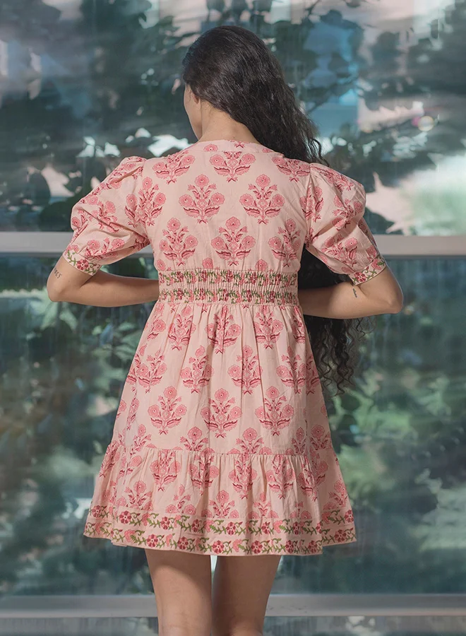Virgio VIRGIO 100% Cotton Puff Sleeve Block Print Mini Dress