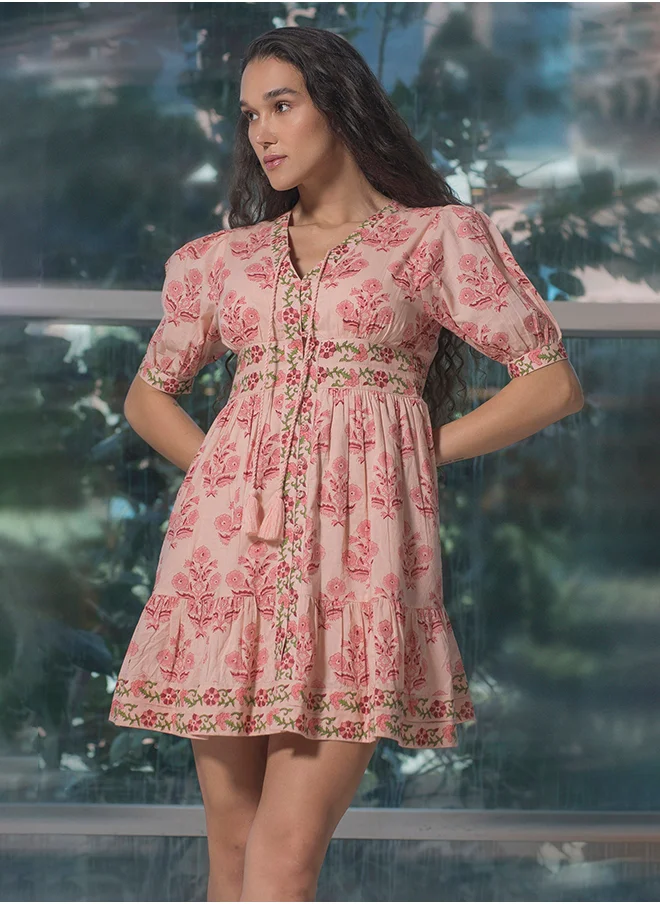 Virgio VIRGIO 100% Cotton Puff Sleeve Block Print Mini Dress