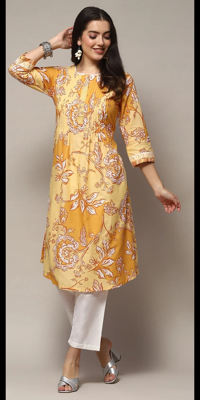 Biba Yellow Cotton Straight Kurta