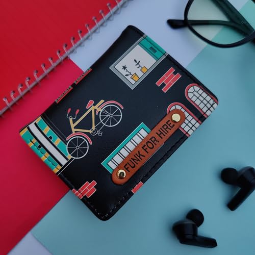 Funk For Hire Black Faux Leather Unisex Mini Card Holder Wallet Bifold Slim Compact Wallet with 6 Card Slots Cash Compartment and Zippered Coin Pouch Casual Stylish - Image 5