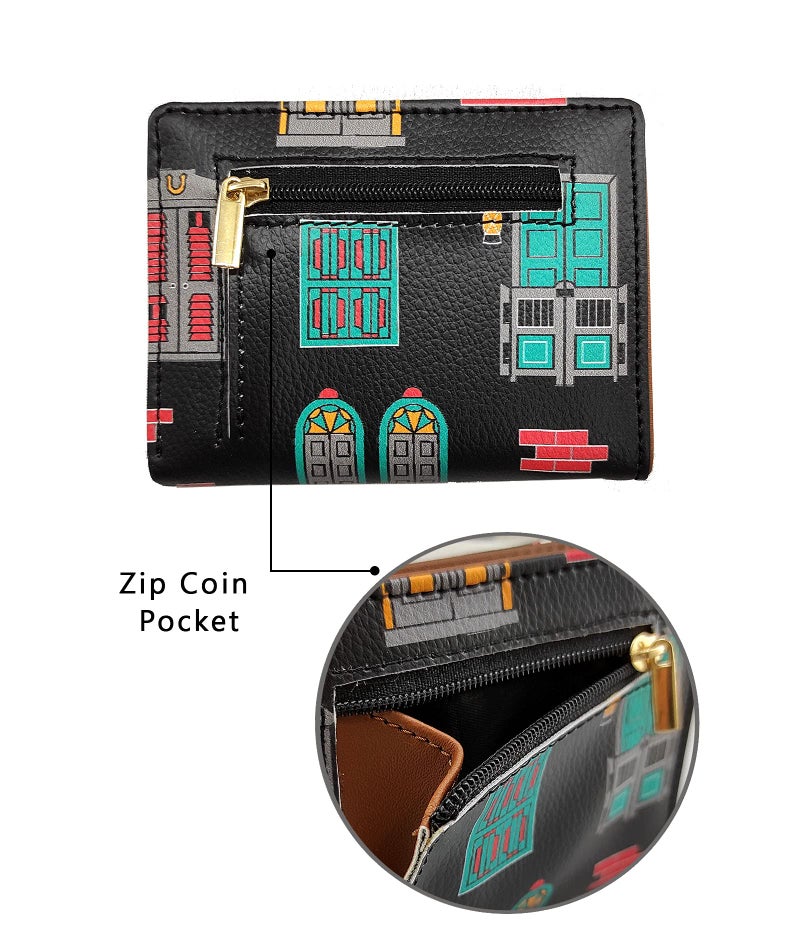 Funk For Hire Black Faux Leather Unisex Mini Card Holder Wallet Bifold Slim Compact Wallet with 6 Card Slots Cash Compartment and Zippered Coin Pouch Casual Stylish - Image 2