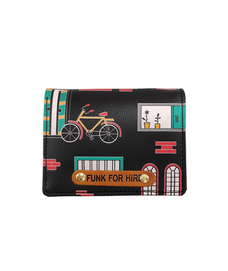 Funk For Hire Black Faux Leather Unisex Mini Card Holder Wallet Bifold Slim Compact Wallet with 6 Card Slots Cash Compartment and Zippered Coin Pouch Casual Stylish - Image 1