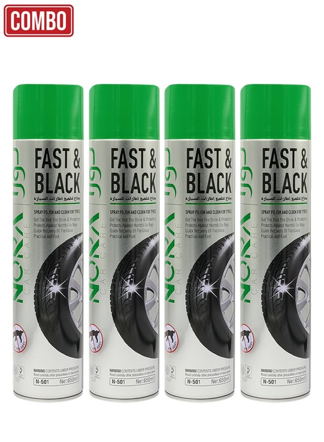 Nora Combo - 4pcs Nora Fast & Black Tyre Shine Spray 650ml High Gloss Tire Dressing for Instant Shine, Protection and Long-Lasting Black Finish for Car & Bike Tyres - N-501 - Image 1