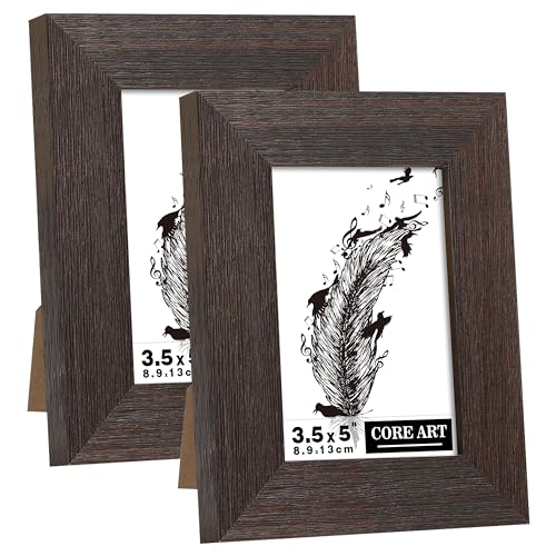 CORE ART 3.5x5 Picture Frame, Handmade Wood Rustic Brown Photo Frame Set of 2, High Definition Semi-tempered Glass Wall or Tabletop Display - Image 1