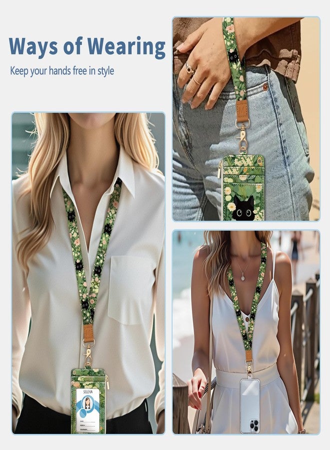 Mavellin Lanyard Wallet with Id Badge Holder, Floral Cat RFID Small Keychain Wallet Women Wristlet, Cute Zipper Credit Card Holder Phone Wrist Neck Strap for Key Name Tag, Teacher Student Office Gifts - Image 2