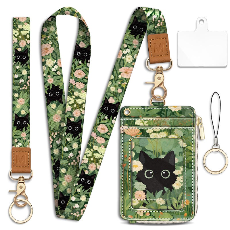 Mavellin Lanyard Wallet with Id Badge Holder, Floral Cat RFID Small Keychain Wallet Women Wristlet, Cute Zipper Credit Card Holder Phone Wrist Neck Strap for Key Name Tag, Teacher Student Office Gifts - Image 1