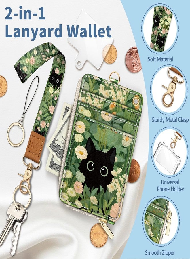 Mavellin Lanyard Wallet with Id Badge Holder, Floral Cat RFID Small Keychain Wallet Women Wristlet, Cute Zipper Credit Card Holder Phone Wrist Neck Strap for Key Name Tag, Teacher Student Office Gifts - Image 3