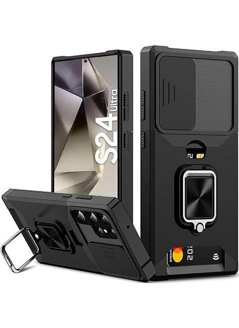 For Samsung Galaxy S24 Ultra Case with Card Holder, Galaxy S24 Ultra Case with Slide Camera Cover and 360° Rotate Ring Kickstand Magnetic car mount Phone Cover Case for Samsung Galaxy S24 Ultra（Black）