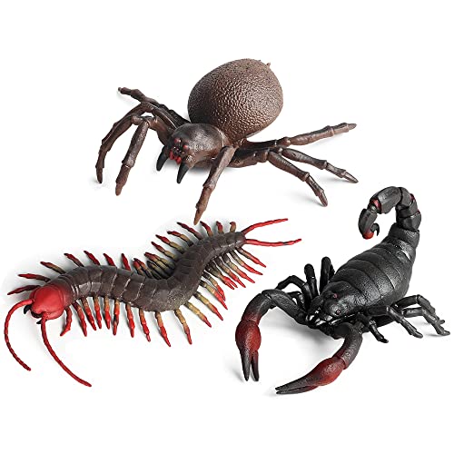 RCOMG 3PCS Rubber Insect Animal TPR Super Stretchy Bug Figures Bath Pool Toy with Spider Scorpion Centipede Party Supplies Squishy Wildlife Model Figurine for Collection Gift DecorationCake Topper - Image 1