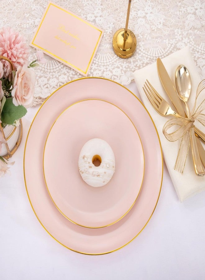 PULOTE 100PCS Pink Plastic Plates - Heavy Duty Pink and Gold Disposable Plates for Party, Wedding & Mother’s Day, Include 50 Dinner Plates and 50 Dessert Plates - Image 3