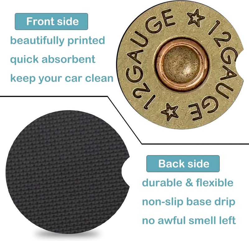 Ldntly Car Coasters for Cup Holders,2 Pack Cool 12 Gauge Bullet Shaped Brass Rubber Car Cup Holder Coasters,2.75" Universal Size Anti Slip Rubber Mat,Automotive Cup Holder Decal Decor for Men,Dad - Image 3
