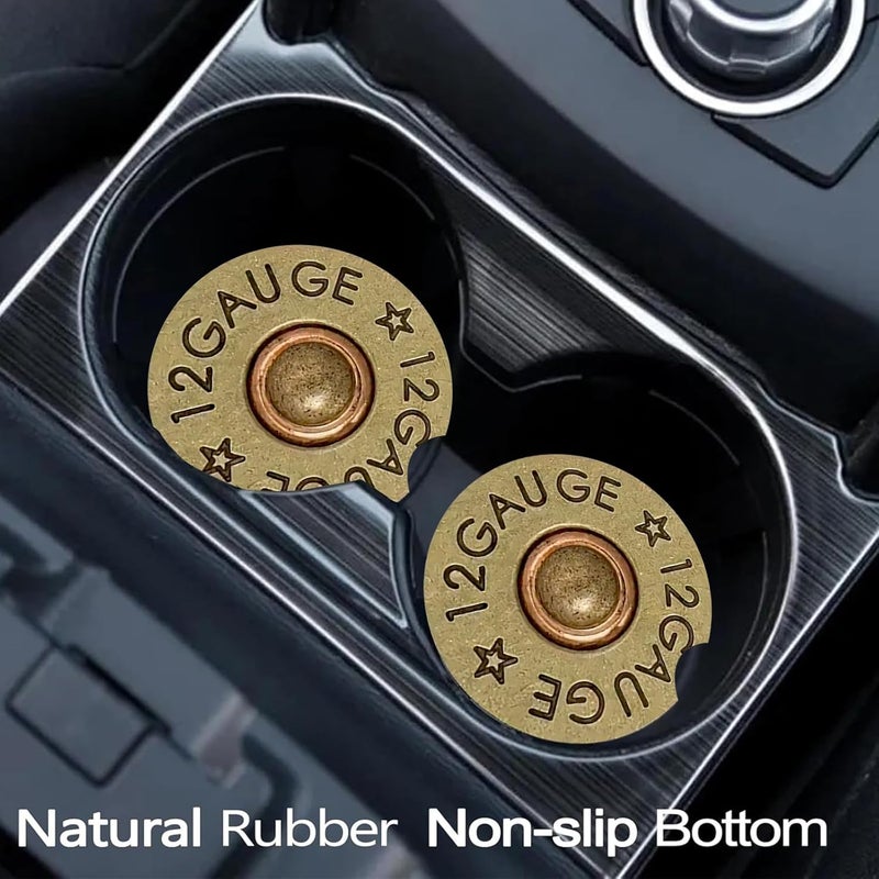 Ldntly Car Coasters for Cup Holders,2 Pack Cool 12 Gauge Bullet Shaped Brass Rubber Car Cup Holder Coasters,2.75" Universal Size Anti Slip Rubber Mat,Automotive Cup Holder Decal Decor for Men,Dad - Image 2