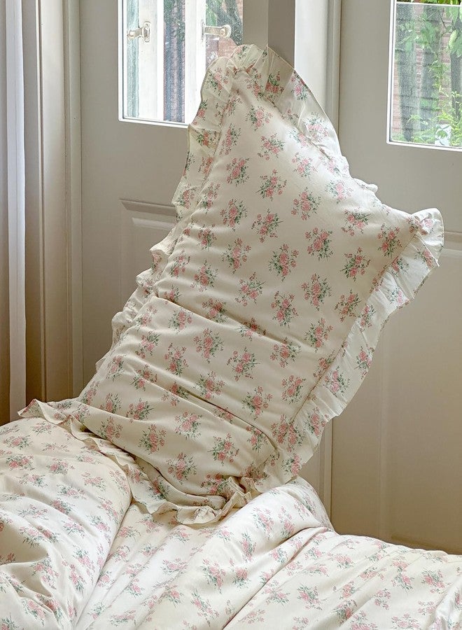 mixinni 3-Piece Pink Floral Ruffle Comforter Set Queen - Cottagecore Botanical Duvet Cover with Lace Trim & 2 Pillow Shams, Soft Cotton Boho Bedding for Teen Girls, Aesthetic Coquette Bed Set - Image 5
