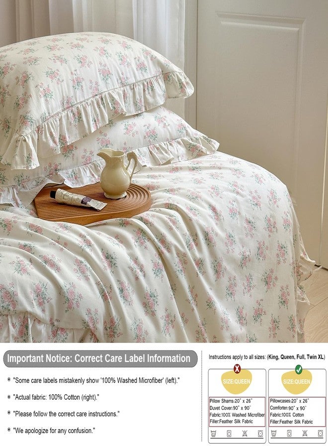 mixinni 3-Piece Pink Floral Ruffle Comforter Set Queen - Cottagecore Botanical Duvet Cover with Lace Trim & 2 Pillow Shams, Soft Cotton Boho Bedding for Teen Girls, Aesthetic Coquette Bed Set - Image 3