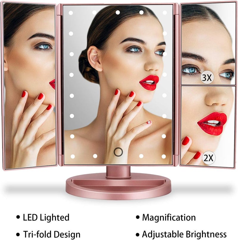 deweisn Tri-Fold Lighted Vanity Mirror with 21 LED Lights, Touch Screen and 3X/2X/1X Magnification, Two Power Supply Modes Make Up Mirror,Travel Mirror - Image 5
