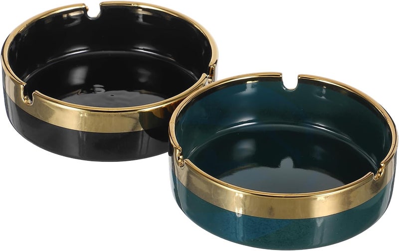 Ceramic Ashtray 2pcs Retro Portable Porcelain round Ash Tray with Gold Edge, Small Decorative Ceramic Container for Home, Office, Patio, and Outdoor Use - Image 1
