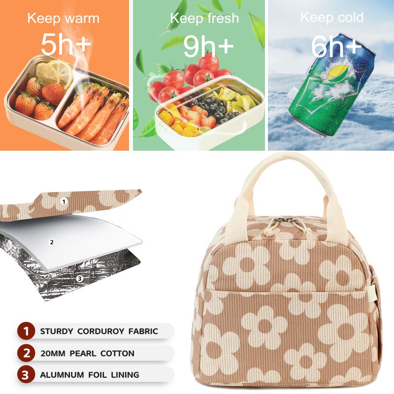Bluboon Lunch Bag for Women Men Cute Corduroy Lunch Tote Bags Reusable Insulated Lunch Box Large Capacity Reusable Insulated Cooler for Work Picnic or Travel - Image 3
