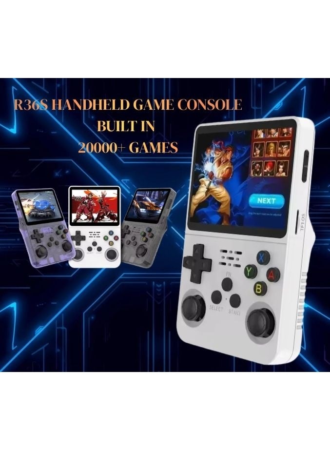 جهاز ألعاب محمول كلاسيكي R36S (سعة 64 جيجابايت، أكثر من 20000 لعبة) - شاشة IPS عالية الدقة 3.5 بوصة، محاكي محمول لأجهزة PSP وPS1 وN64 | جهاز ألعاب فيديو كلاسيكي صغير | عصا تحكم ثلاثية الأبعاد مزدوجة | جهاز ألعاب أبيض - هدية - Image 3