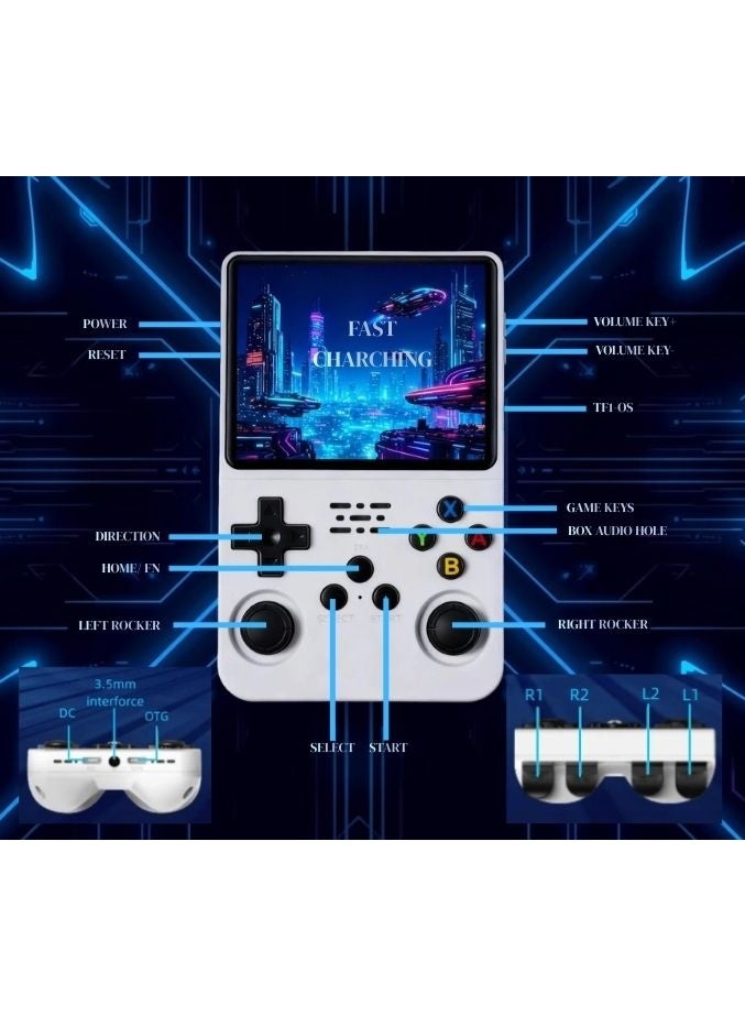 جهاز ألعاب محمول كلاسيكي R36S (سعة 64 جيجابايت، أكثر من 20000 لعبة) - شاشة IPS عالية الدقة 3.5 بوصة، محاكي محمول لأجهزة PSP وPS1 وN64 | جهاز ألعاب فيديو كلاسيكي صغير | عصا تحكم ثلاثية الأبعاد مزدوجة | جهاز ألعاب أبيض - هدية - Image 5