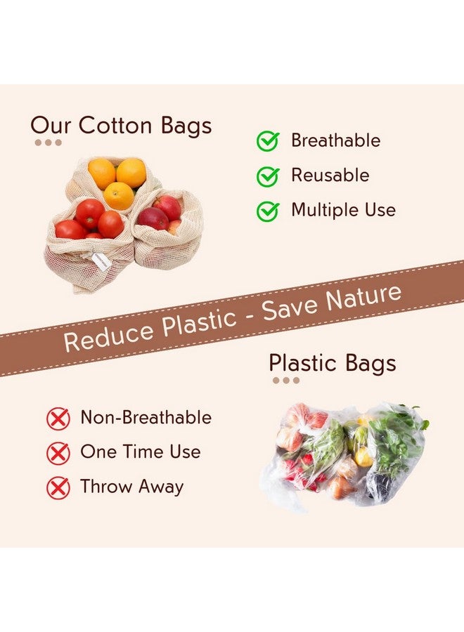 GREENTWISH 100% Cotton Vegetable Bags | Fridge Net Eco-Friendly Natural White Washable Reusable Drawstring Zip for Food Storage | Multipurpose Kitchen Grocery Organizer (Pack of 9) - Image 5