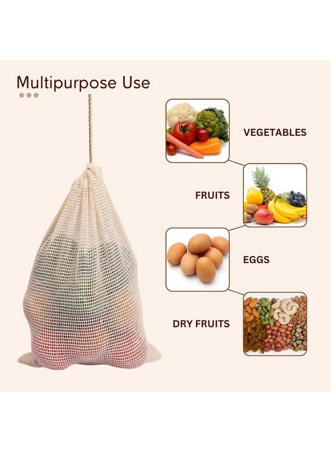 GREENTWISH 100% Cotton Vegetable Bags | Fridge Net Eco-Friendly Natural White Washable Reusable Drawstring Zip for Food Storage | Multipurpose Kitchen Grocery Organizer (Pack of 9) - Image 4