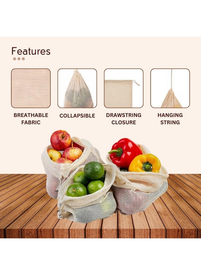 GREENTWISH 100% Cotton Vegetable Bags | Fridge Net Eco-Friendly Natural White Washable Reusable Drawstring Zip for Food Storage | Multipurpose Kitchen Grocery Organizer (Pack of 9) - Image 3