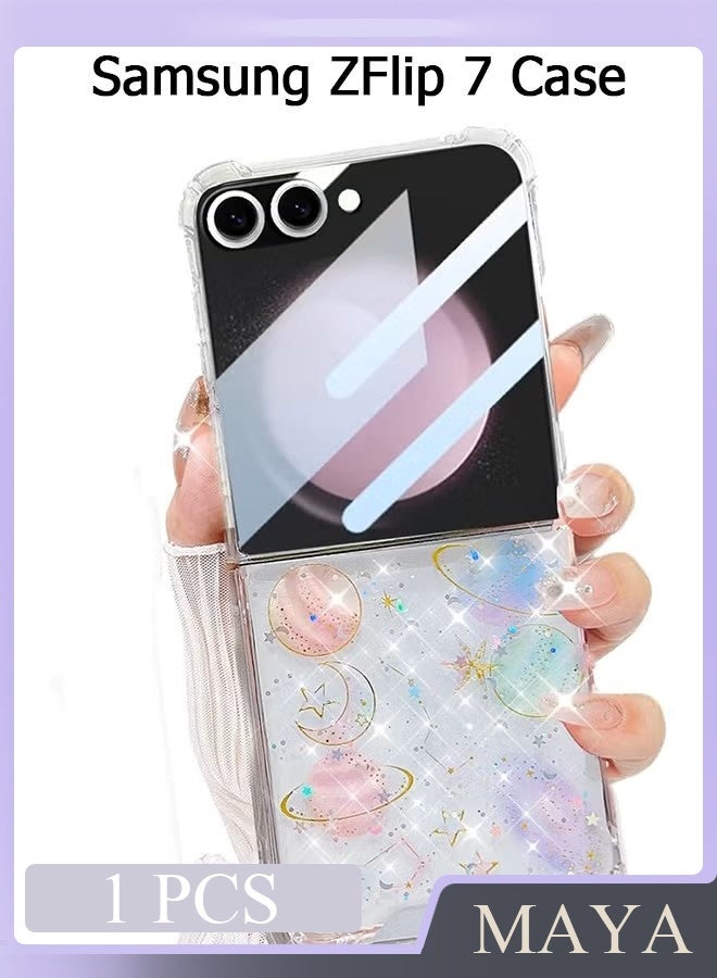 جراب هاتف سامسونج Z Flip 7 - جراب شفاف لطيف - جراب هاتف لامع بتصميم كوكب مع نجوم وقمر - غطاء هاتف شفاف مقاوم للصدمات مصنوع من مادة TPU - Image 1