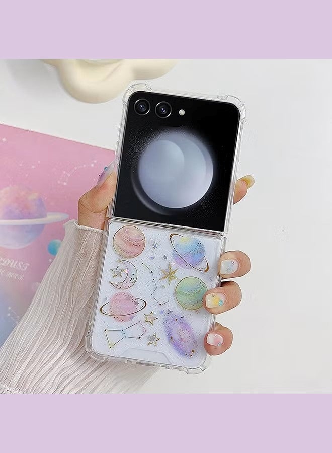 جراب هاتف سامسونج Z Flip 7 - جراب شفاف لطيف - جراب هاتف لامع بتصميم كوكب مع نجوم وقمر - غطاء هاتف شفاف مقاوم للصدمات مصنوع من مادة TPU - Image 2