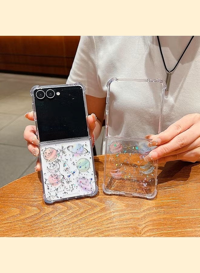 جراب هاتف سامسونج Z Flip 7 - جراب شفاف لطيف - جراب هاتف لامع بتصميم كوكب مع نجوم وقمر - غطاء هاتف شفاف مقاوم للصدمات مصنوع من مادة TPU - Image 3